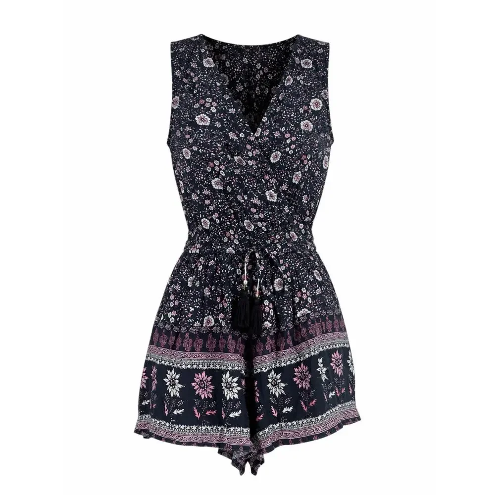 American Eagle Floral Tassel Tie Romper Sleeveless Gray Pink Size XS